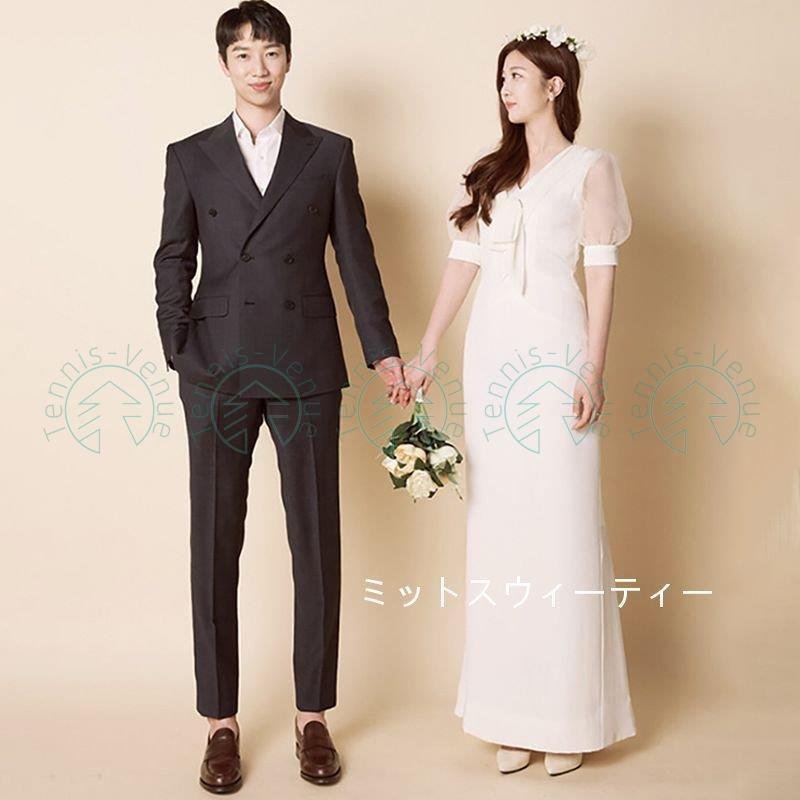 パーティードレス スレンダードレス パフスリーブ ロングドレス 白 披露宴 結婚式 二次会 花嫁ドレ