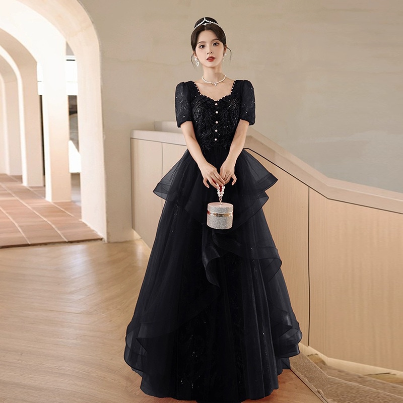 黒のイブニングドレス女性宴会ホスト芸術試験2024ガーゼスカート