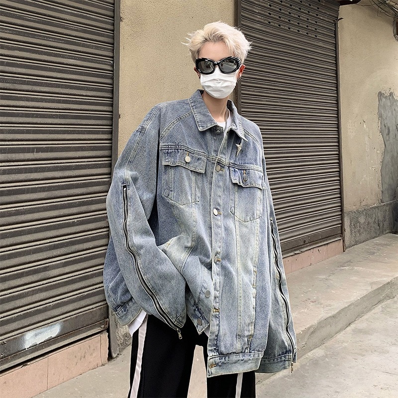 アメリカンデニムジャケットメンズ春ウォッシュドカジュアルレトロシニアカップルの感覚ジッパー付きワークジャケット