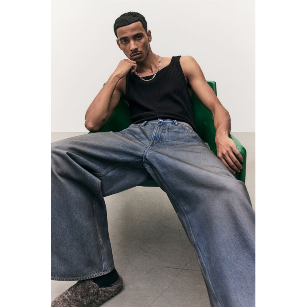 H&M スリムフィットリブ付きノースリーブトップブラック