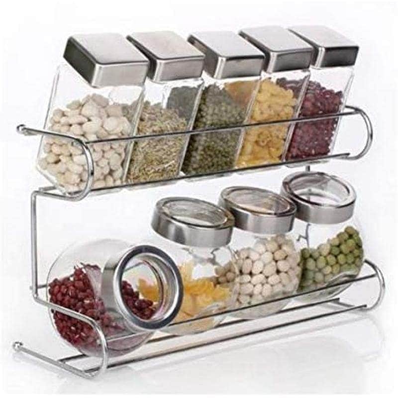 メガ割 キレイに収納 調味料 スパイスラック 2段 9個 セット ガラス瓶 調味料入れ 家庭用福袋