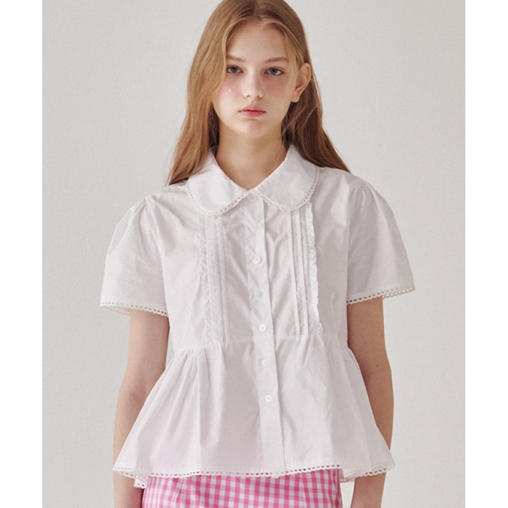 RONRON トーションレースラウンドカラーハーフブラウスホワイト