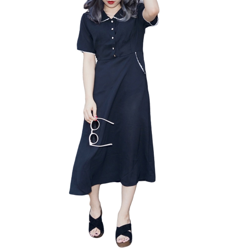 Lace Trim Round Collar Classic Onepiece (black) A,D,G レディース