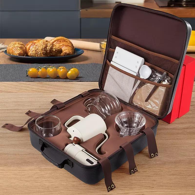 短納期アウトドア 手挽き コーヒーミル ハンドドリップ コーヒーセット 8点セット 持ち運び シェアポット ギフトボックスセット コンパクト キャンプ 家庭用 収納