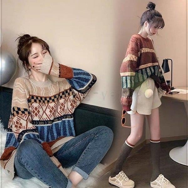 ニット セーター トップス レディース 秋冬 ラウンドネック きれいめ 大きいサイズ 長袖ニット オシャレ 可愛い カラフルセーター ゆったり 2色 レディース服