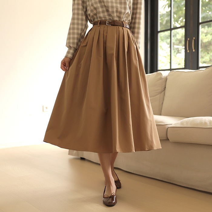 [韓国ファッション] ベルト付き バックウエストゴム Aラインフレアロングスカート 4,835円