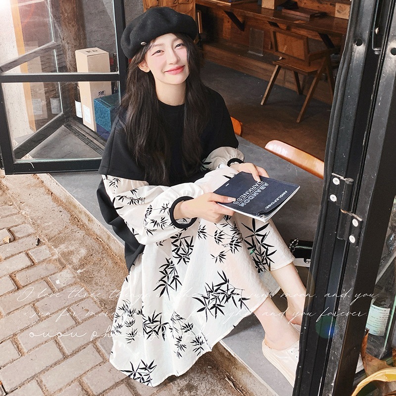 フェイクツーピーススプライシングセーター花柄ワンピース2024秋モデル国家スタイル印刷ニッチ緩い薄いスカート