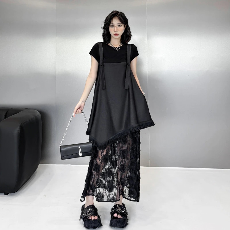 【J.Fashion】 デニムドッキング レースワンピース 夏 調節キャミ付き ゆったり レディース ロングワンピース30%までに制限