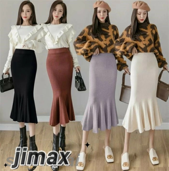 ニットスカート レディース フレアスカート 膝下 ロングスカートフリル ミモレ丈 ロングスカート タイトスカート ボトムス ウエストゴム ハイウエスト カジュアル 通勤 大人 きれいめ ゴム 美脚 黒