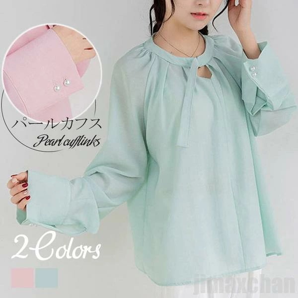 気楽 長袖シャツ レディース ブラウス 長袖 ガーリー クルーネック プルオーバー チュニック フォーマル パール付き トップス 春服コーデ 春夏秋 シンプル 体型カバー シャツ