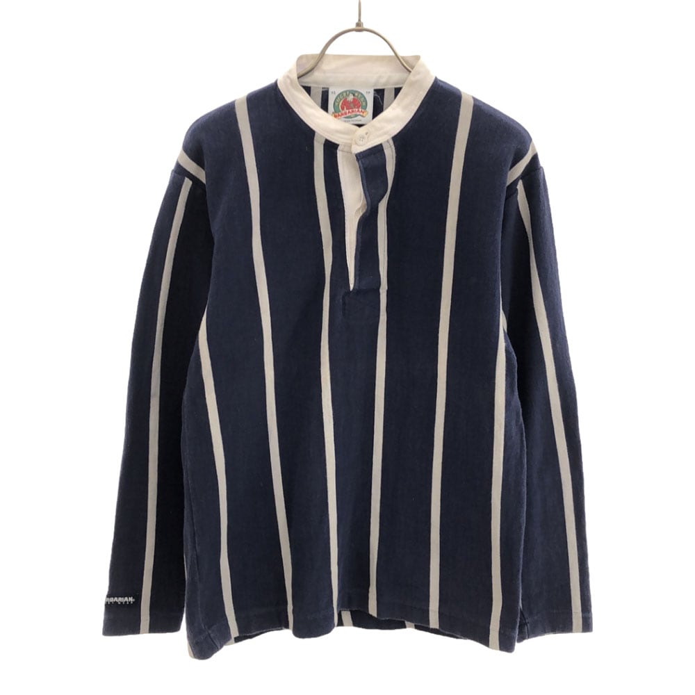 ストライプ 長袖 バンドカラー ラガーシャツ XS ネイビー×グレー ラグビー ポロシャツ メンズ
