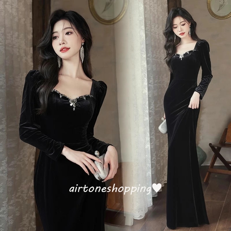 マーメイドドレス イブニングドレス 黒 ベロア ベルベット 発表会ドレス ロングドレス ブラック マーメイドライン スリット セクシー ラインストーン オシャレ 長袖 パーティードレス S M L X
