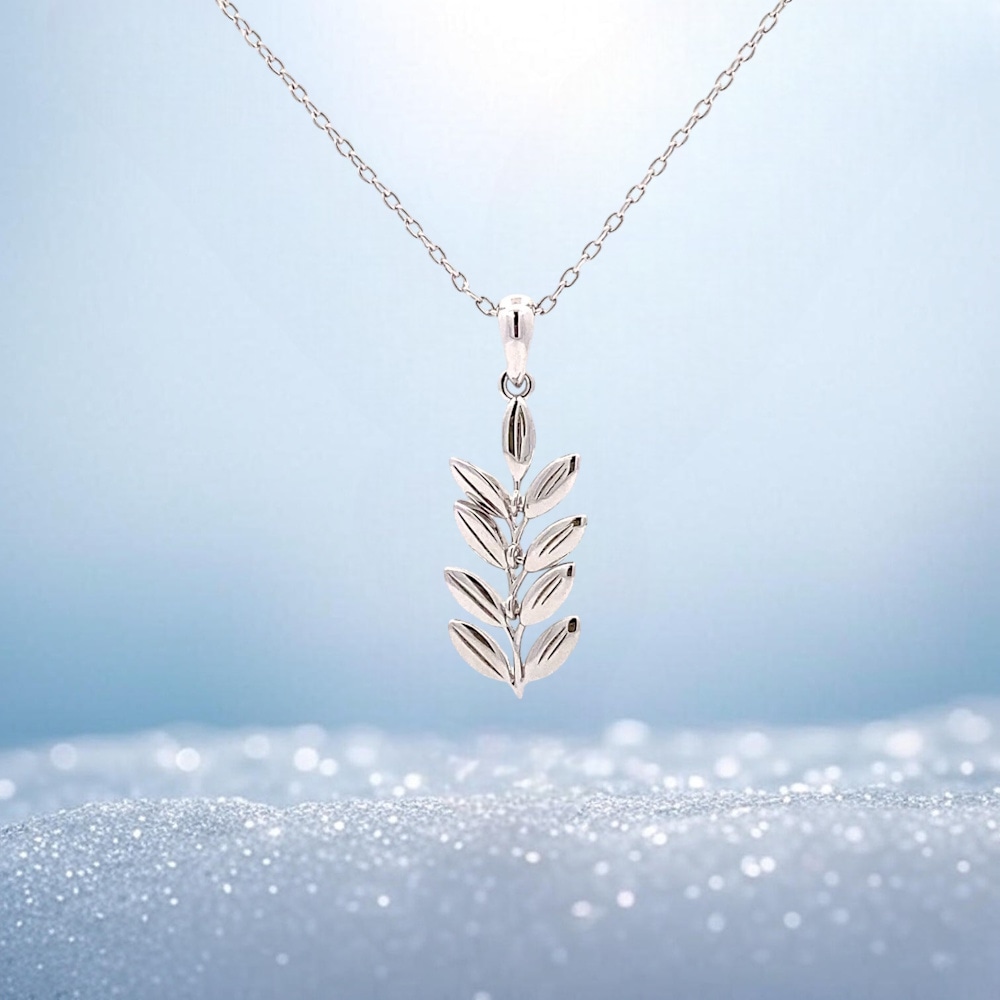 風水エネルギーペンダントネックレス - 優雅なベイリーフシルバー - 栄光成長永遠の祝福