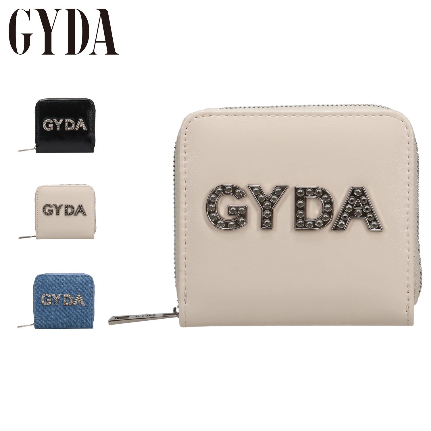 財布 二つ折り レディース ラウンドファスナー ラインストーンロゴ ブラック アイボリー ブルー 黒 GY-W291