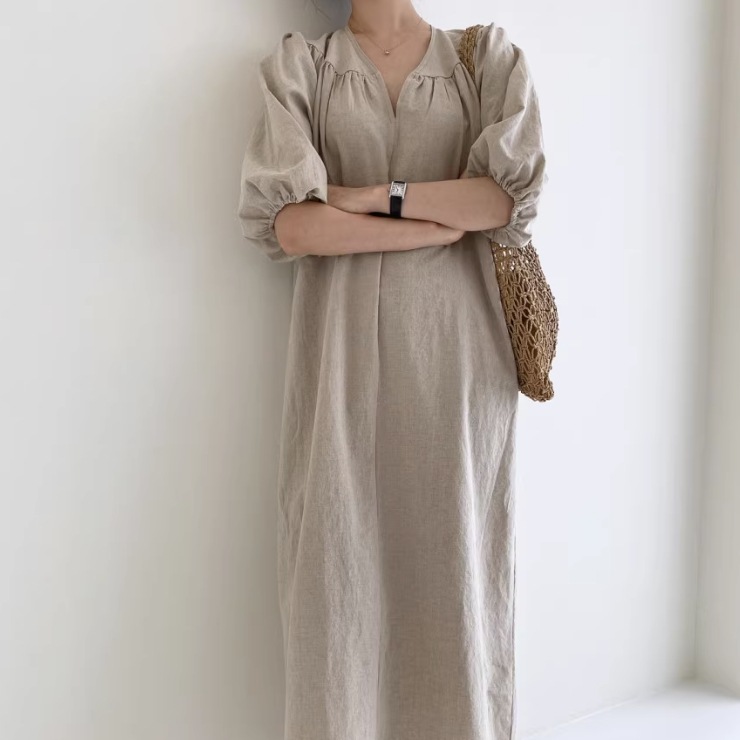 ワンピース ワンピドレス ロング ロング丈 袖あり 5分袖 五分袖 パフスリーブ Vネック 襟なし セミフレア Aライン ハイウエスト 綿 リネン かわいい 大人可愛い シンプル 大人 おしゃれ