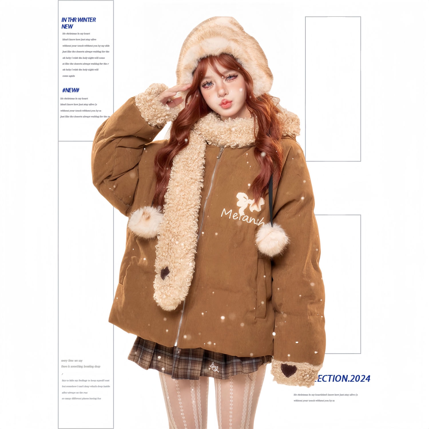 ellykittyキャラメルマフィン韓国系ラム毛綿入れコート女性冬のゆるいフードに厚手の綿入れ