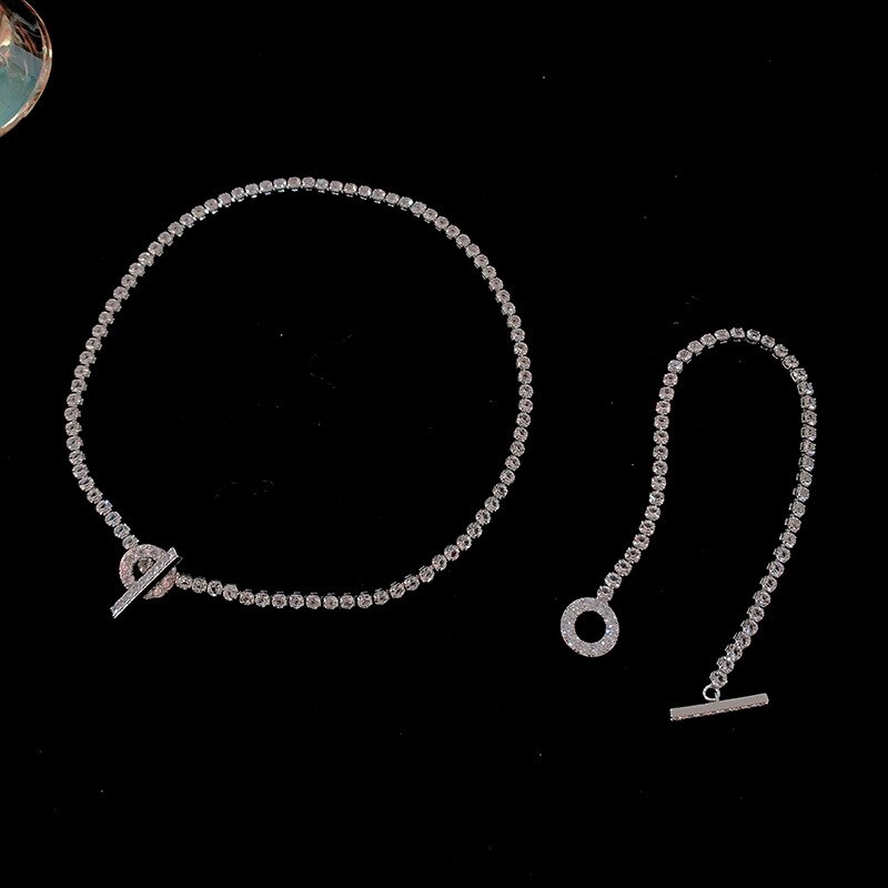 A906フルダイヤモンドチェーンジュエリーネックレスネックレスラウンドT字型クラスプブレ