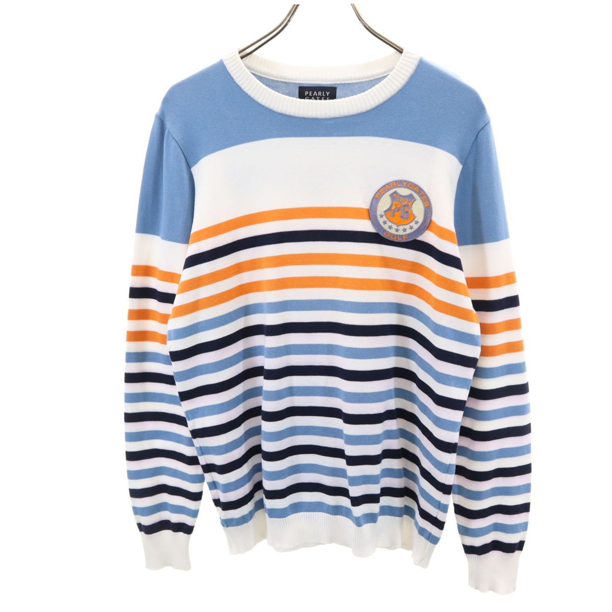 日本製 ボダー柄 長袖 ゴルフ セーター 4 ブルー×ホワイト メンズ 古着