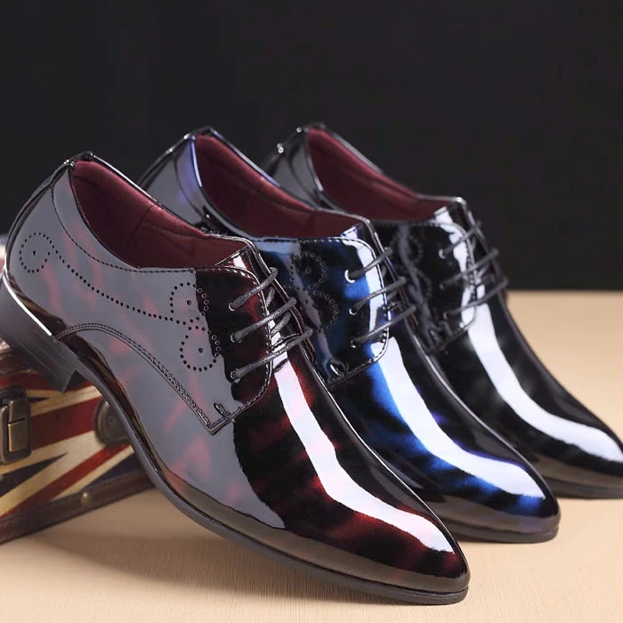 [高品質]エナメルシューズ ビジネスシューズ メンズ ドレスシューズ ロングノーズ レースアップ レザー シューズ カジュアル グラデーション ブルー レッド グレー 靴