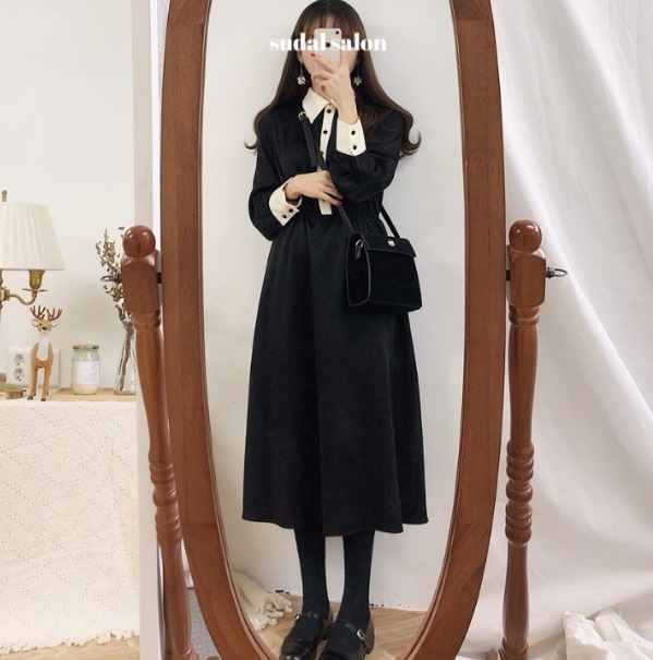 ワンピース 長袖 シャツカラー デザイン ボタン ギャザー 美ライン ニュアンス バイカラー レトロ クリーン かわいい 大人可愛い きれいめ シンプル カジュアル 大人 上品 おしゃれ お洒落