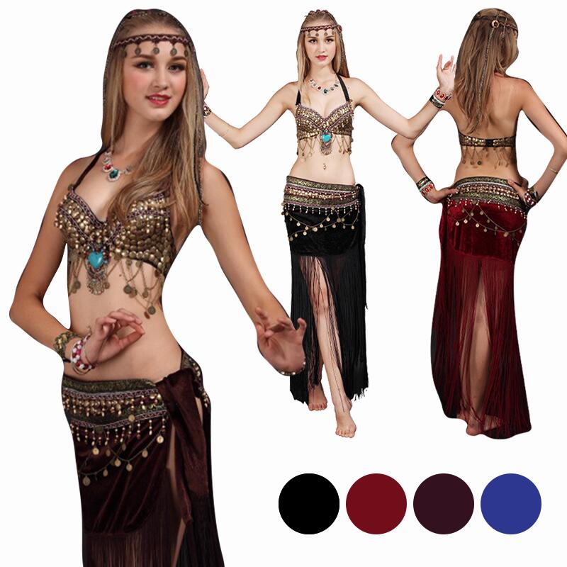 【急速出荷!】ベリーダンス衣装 インド民族インド風 ステージ レッスン着 タンゴ ラテンダンス衣装 トップス スカート・ヒップスカーフ 2点セット 4色 海外通販