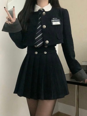 ショート丈ブレザーJK制服学院風スーツ女性春秋型ハイウ着やせ百スカート2着
