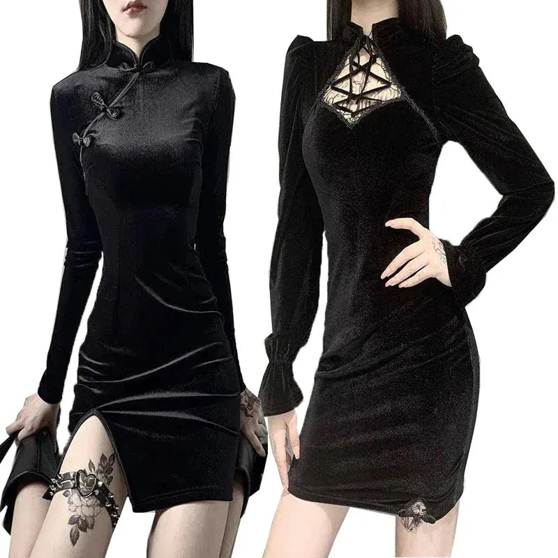 [急速出荷]ベルベット チャイナ ワンピース ドレス 服 長袖/半袖 レディース 母の日のプレゼント1145124316