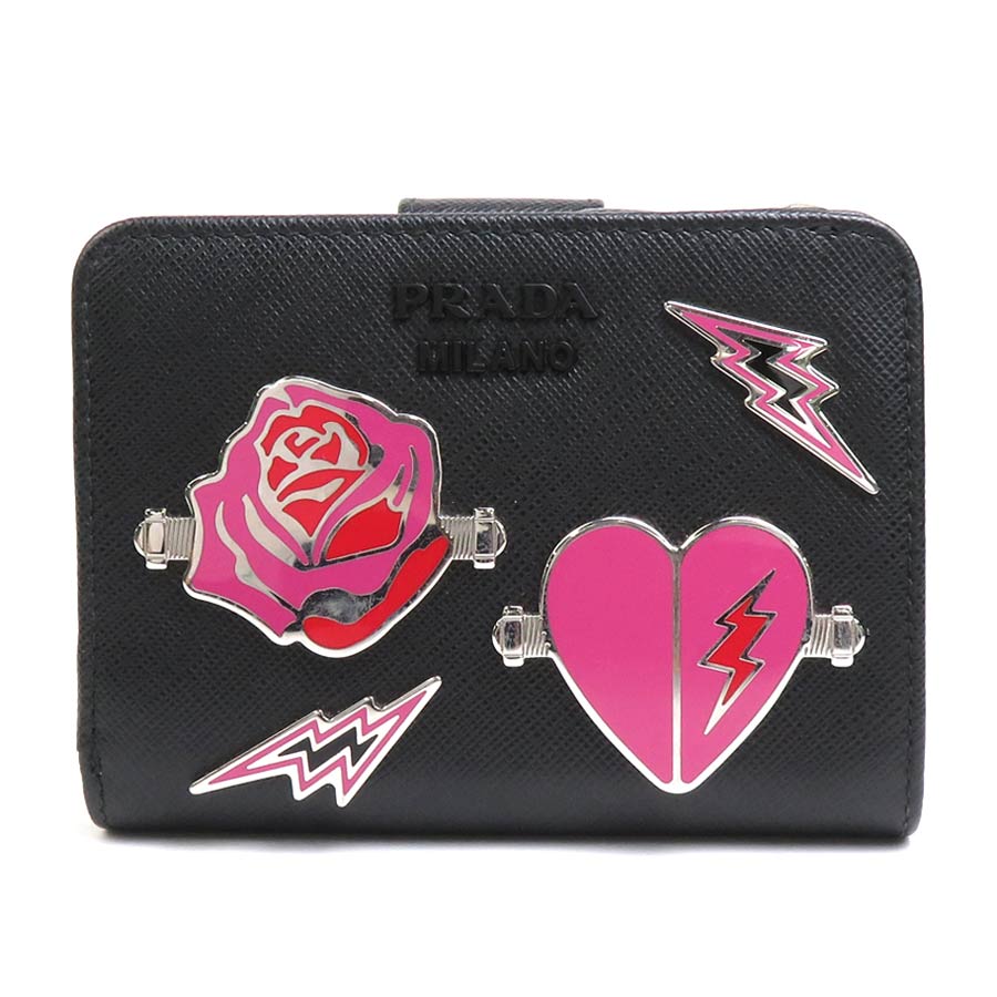 プラダ PRADA 二つ折り財布 レザー/メタル ブラック レディース 1ML018 h29631f