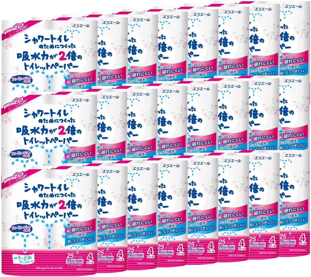 エリエール トイレットペーパー シャワートイレのためにつくった吸水力が2倍のトイレットペーパー 25m×96ロール 4ロール×24パック ダブル パルプ100% フローラルブーケの香り ケース販売