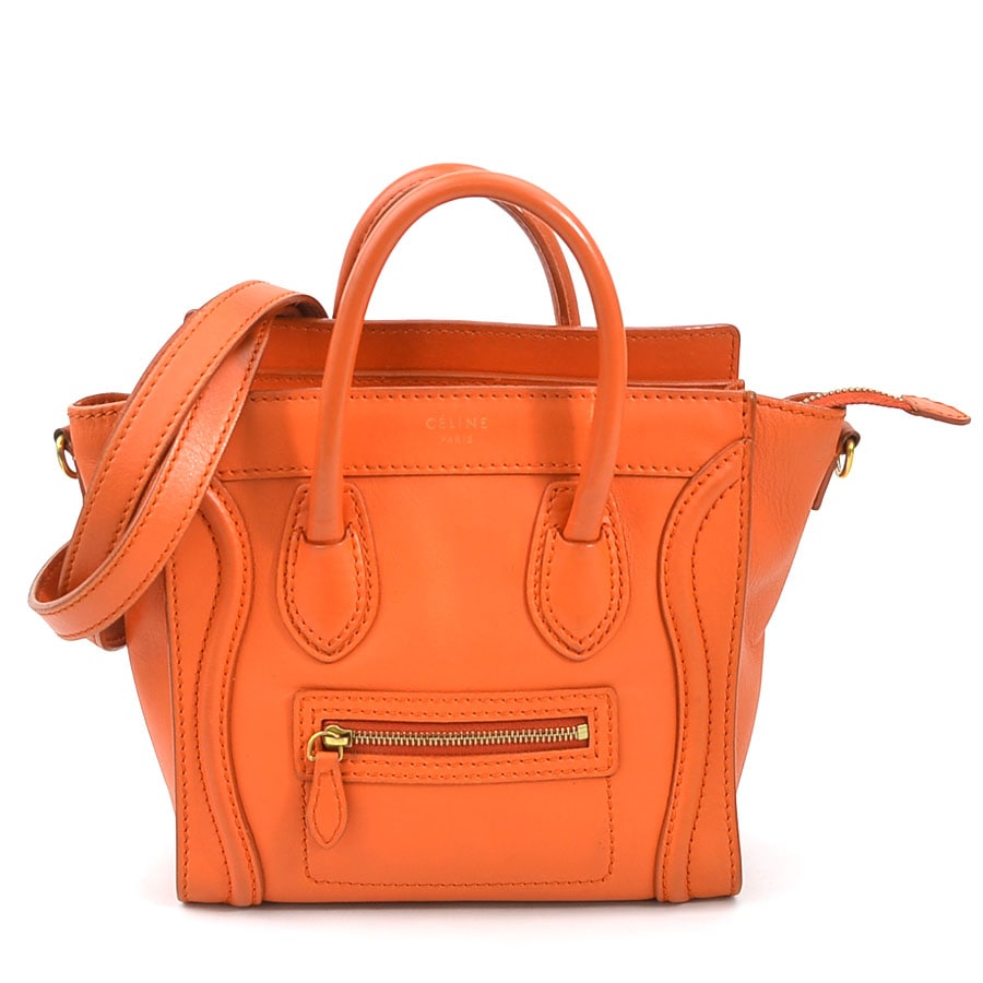 セリーヌ CELINE ハンドバッグ 斜め掛けショルダーバッグ ラゲージ ナノショッパー レザー オレンジ ゴールド レディース e59235a