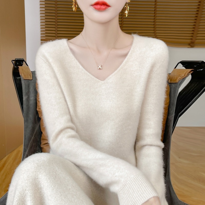 レディース 秋冬新作 Vネック セーター ゆったり プルオーバー 長袖 ウールニット ベースレイヤー ピンク