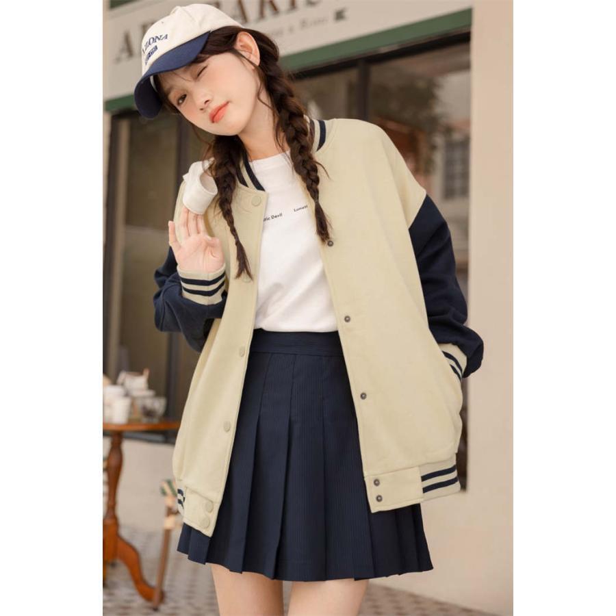 スタジャン レディース アウター カーディガン ジャンパー 春 秋 ブルゾン ジャケット 上着 羽織り 秋冬 ライトアウター トレーナー 軽アウター 配色 長袖