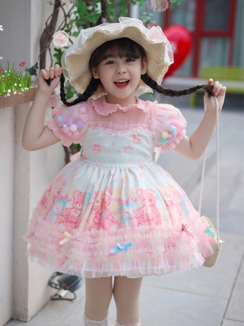 レインボーカラープリンセスドレスロリータパフスリーブドレスメッシュスカートサマードレス