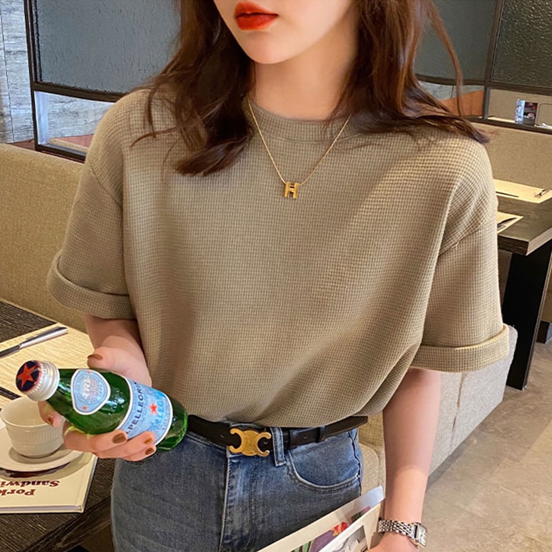 新型夏デザイン感小衆Tシャツ純色ins潮ゆったり半袖トップスワッフル 半袖女性 5,459円