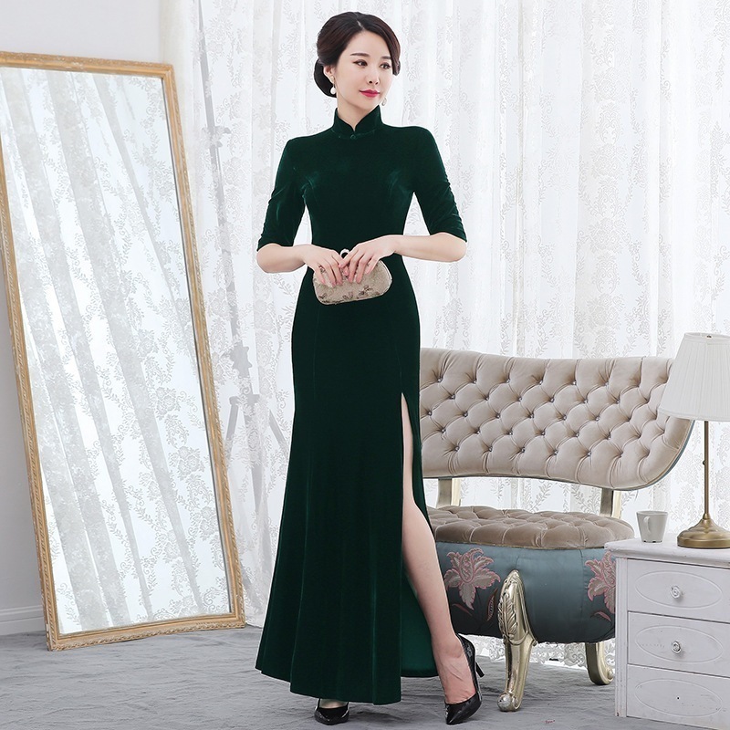秋テイルベルベットチャイナ長袖チャイナドレス改善 母の日 母の日-0006854