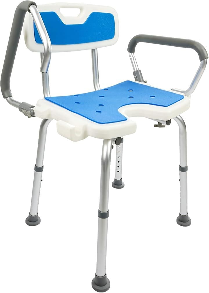 シャワーチェア お風呂 椅子 入浴介護 大吸盤 6段階高さ調整 U字溝座面 アルミ合金フレーム 滑り止め 耐荷重150kg 肘掛け(ブルー, 52 x 38 x 72-87 cm)