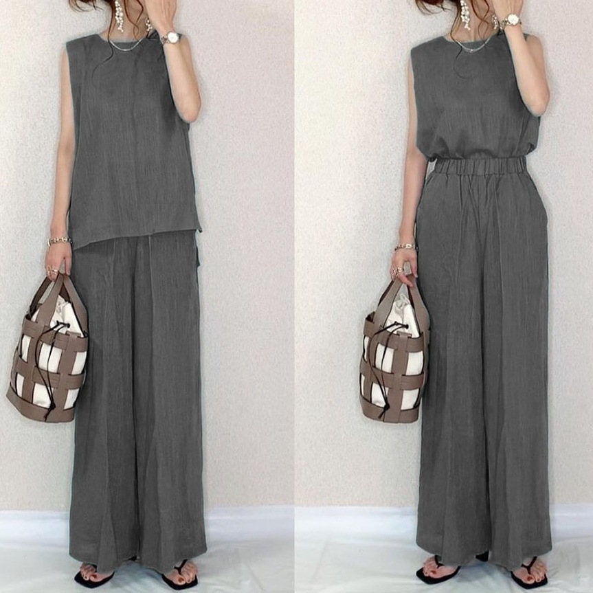 【楽天人気アイテム】 カジュアル 無地 ノースリーブ ラウンドネック Tシャツ ハイウエスト レディース コーデ ガウチョパンツ セットアップ 2点セット