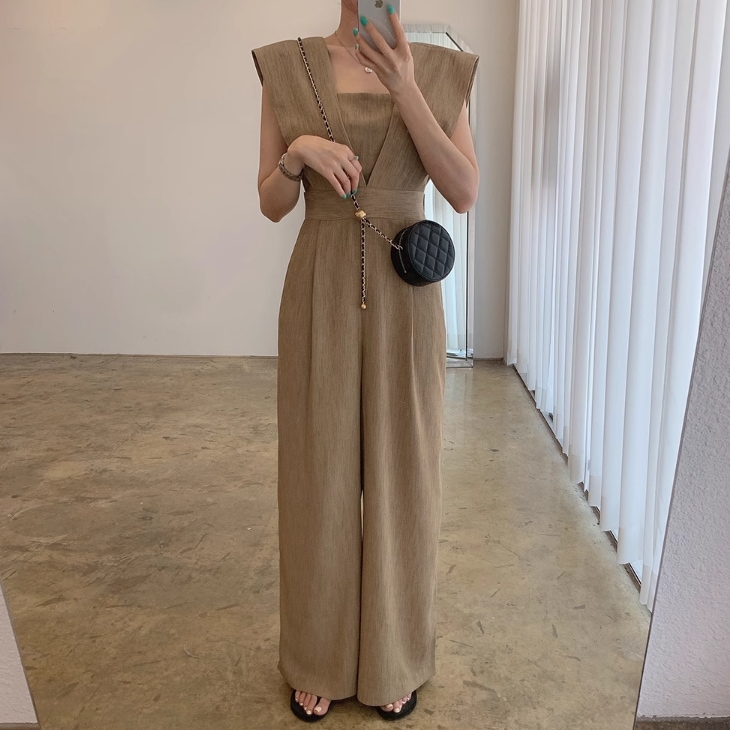 レディース パンツ ボトムス つなぎ ロングパンツ ワイドパンツ ジャンプスーツ ロング 袖なし ノースリーブ スクエアネック ワイド スリム スマート ハイウエスト かわいい 大人可愛い きれいめ