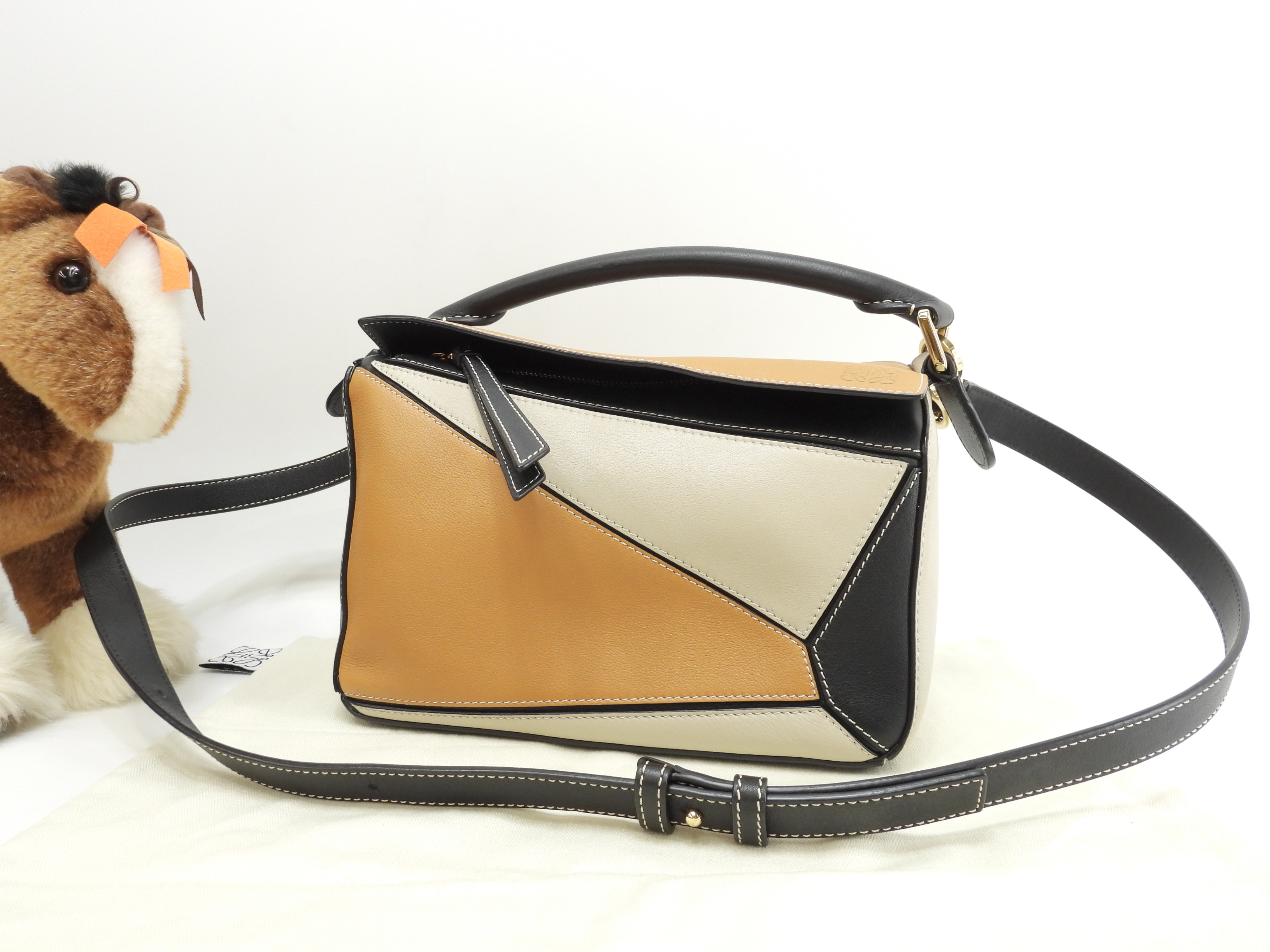 パズルスモールバッグ レザー 黄黒灰 ハンドバッグ ポシェット 美品@051914