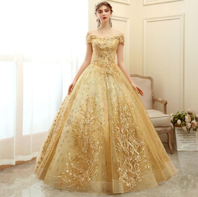 パーティードレス ロング マキシ丈 パーティー 二次会 結婚式 ドレス 発表会 演奏会 お呼ばれ 年会 ドレス レディース カラードレス 金 立体花柄 スパンコール ボリューム ドレス きらきら ゴー