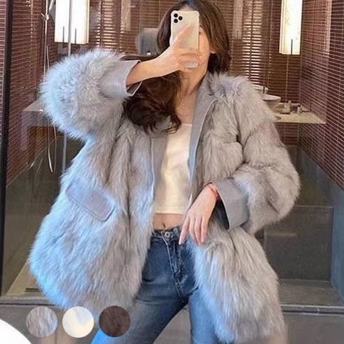 ３色展開 ミッドレングスのフェイクファーコート レディース コート スーツジャケット アウター ファー ミディアム ショート レザーステッチ 長袖 ワイド ふわふわ ふっくら フェイクファー