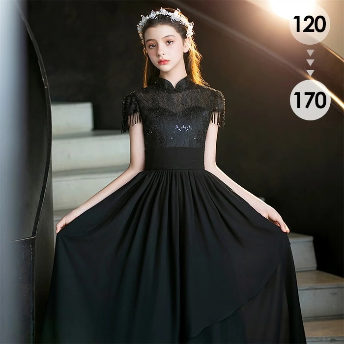 韓国ファッション ピアノ発表会 ドレス 子供 女の子 シフォン 発表会 ドレス 子ども ワンピース ブラック 黒 半袖 お祝い日 演奏会 音楽会 フォーマル 誕生日 撮影 パーティー ブラックドレス