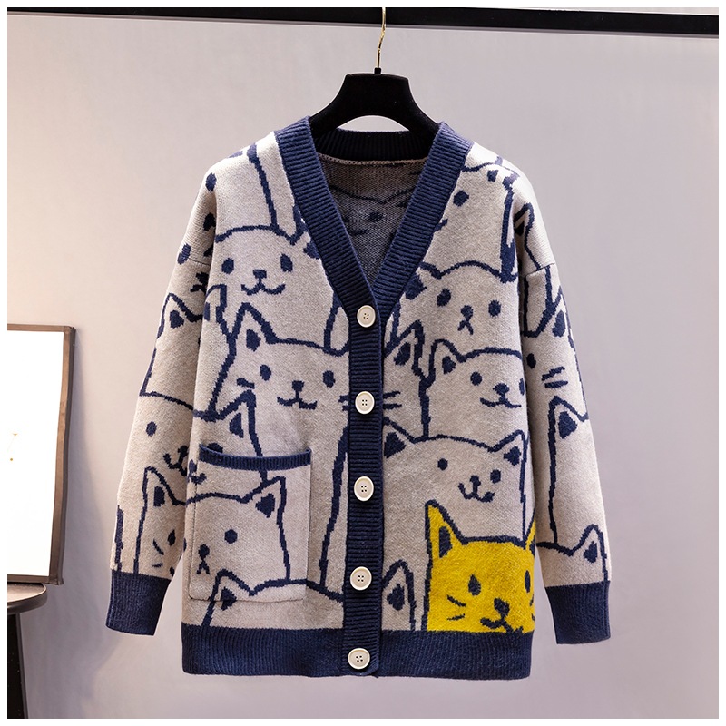 猫柄カーディガン トップス カーディガン 袖あり 長袖 Vネック 前開き かわいい 大人可愛い きれいめ シンプル カジュアル 大人 上品 おしゃれ お洒落 レトロ 大人可愛い 大人女子 こなれ感