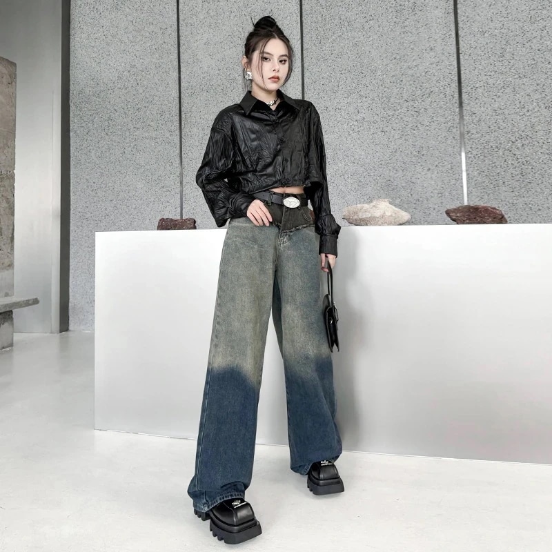 ひんやりボトムス 【Flower.N】グラデーション/ジーンズ/女性/春秋/新作/スリム/細身/外国人/ストレートパンツ