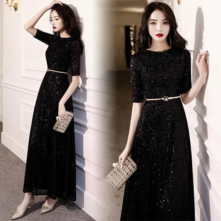 イブニングドレス 黒 金色 スパンコール キラキラドレス ロングドレス 発表会ドレス ブラック 5分袖 ロング パーティードレス ゴールド お呼ばれドレス 結婚式ドレス 二次会ドレス XS S M L