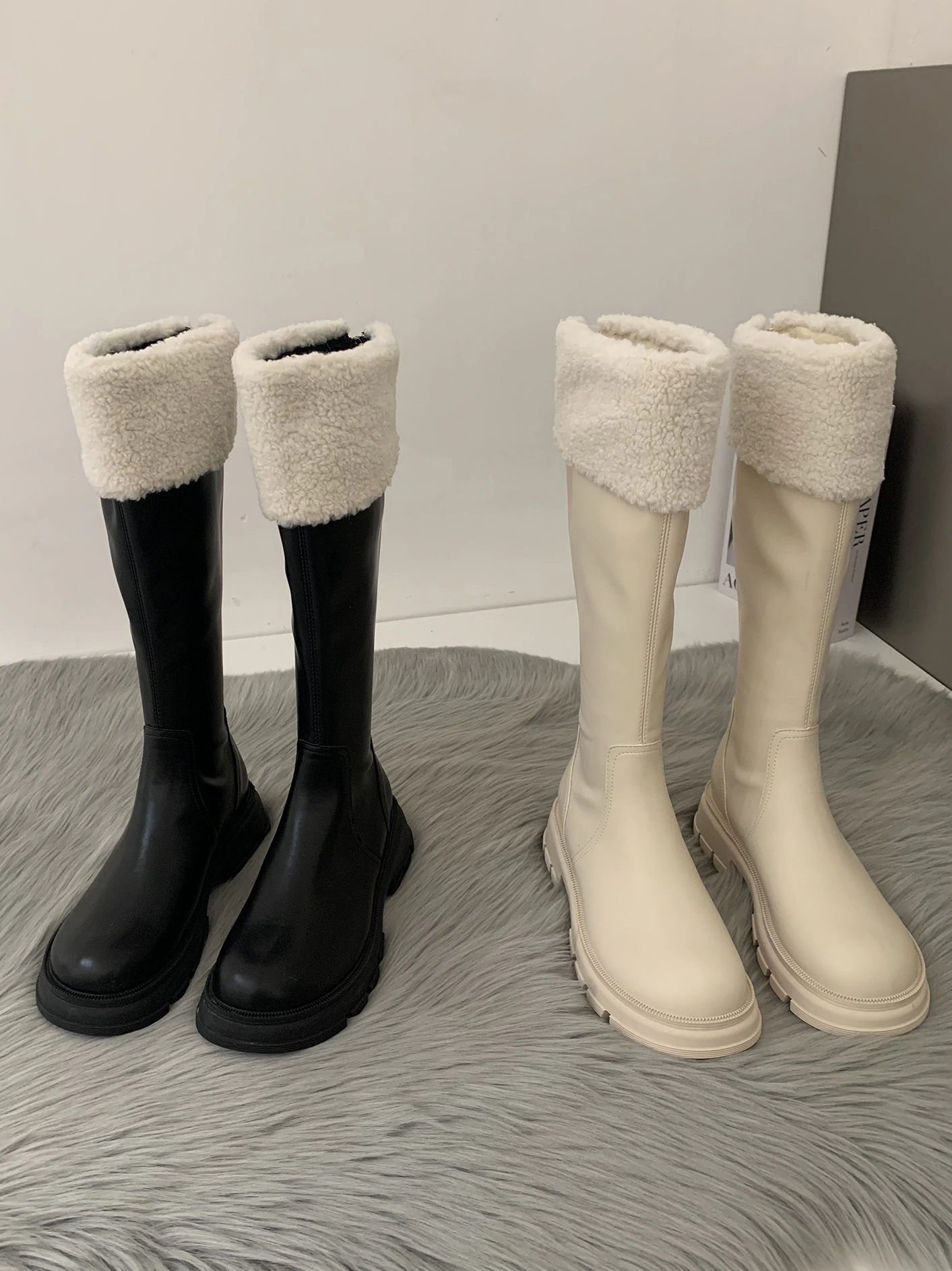 厚底スノーブーツホワイトファープラスベルベットコットンブーツロングブーツナイトブーツ