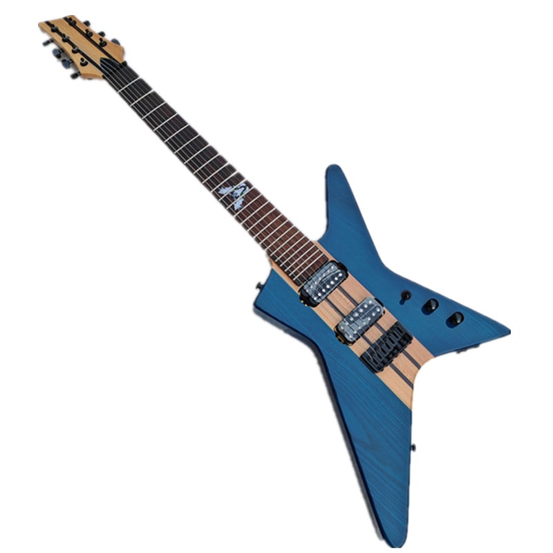 首全体が青い7弦エレキギター灰色ボディロックトーンピン BJ726