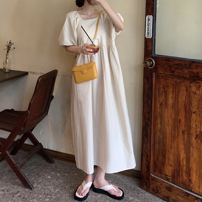 2色 ワンピース 半袖 春 夏 秋 きれいめ カジュアル かわいい フォーマル aライン Aライン フレア ワンピドレス ロング ロング丈 9分丈 アンクル丈 7分丈 五分袖 ぽわん袖 ボリューム袖