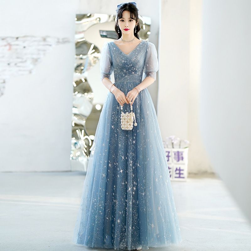 フェアリードレス 女性 2025 気質 星空ブルー ブライドメイドドレス ロングバンケット イブニングドレス ドレス