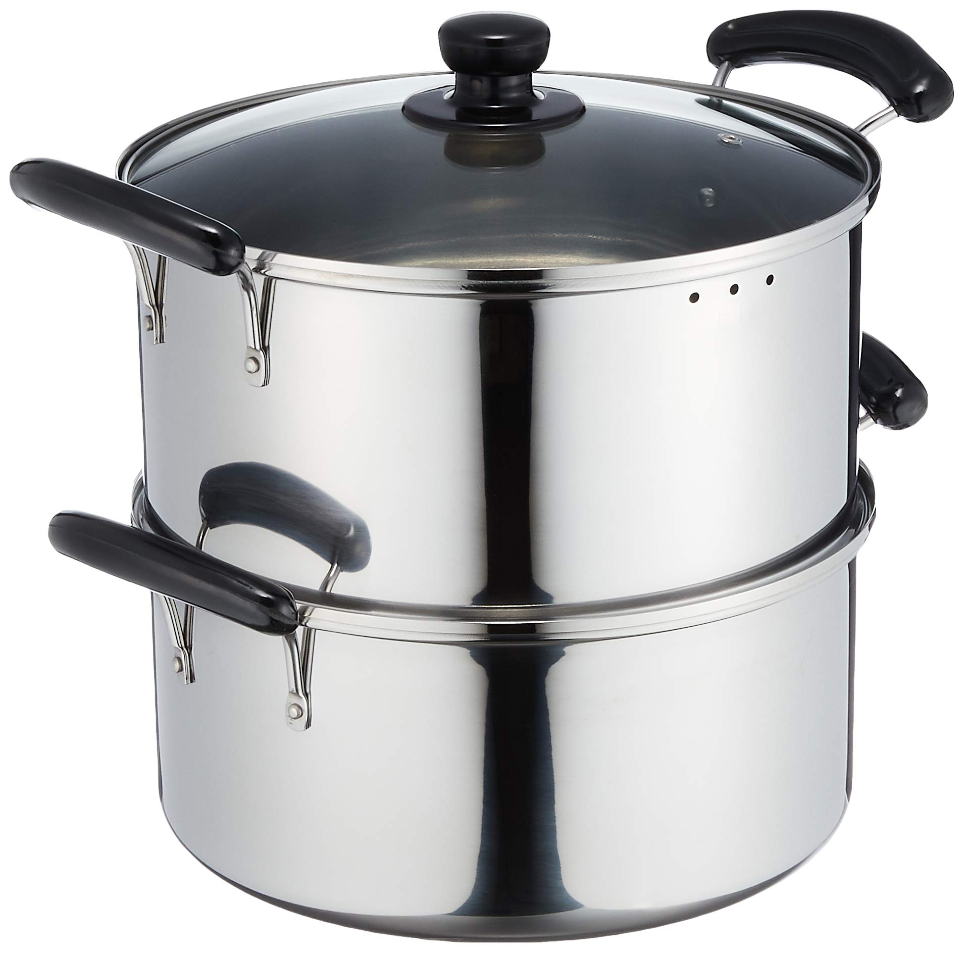 だんらん ステンレス製 ガラス蓋 付 深型 2段 蒸し器 28cm H-4795